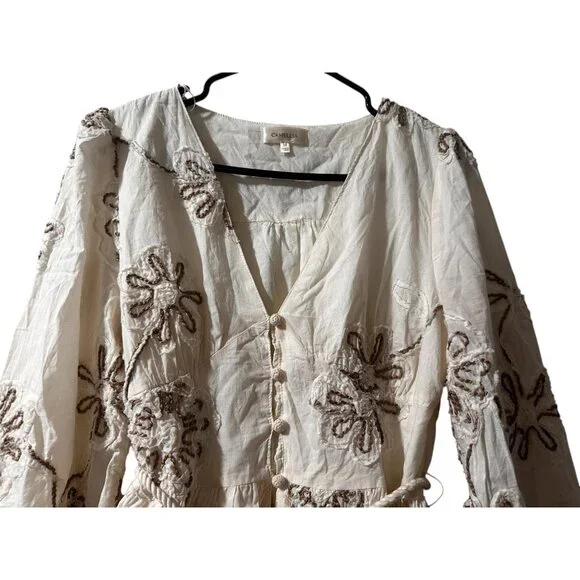 Camellia Embroidered 3D Floral Cottage Mini Dress Women Medium Cream Puff Sleeve - Picture 8 of 16